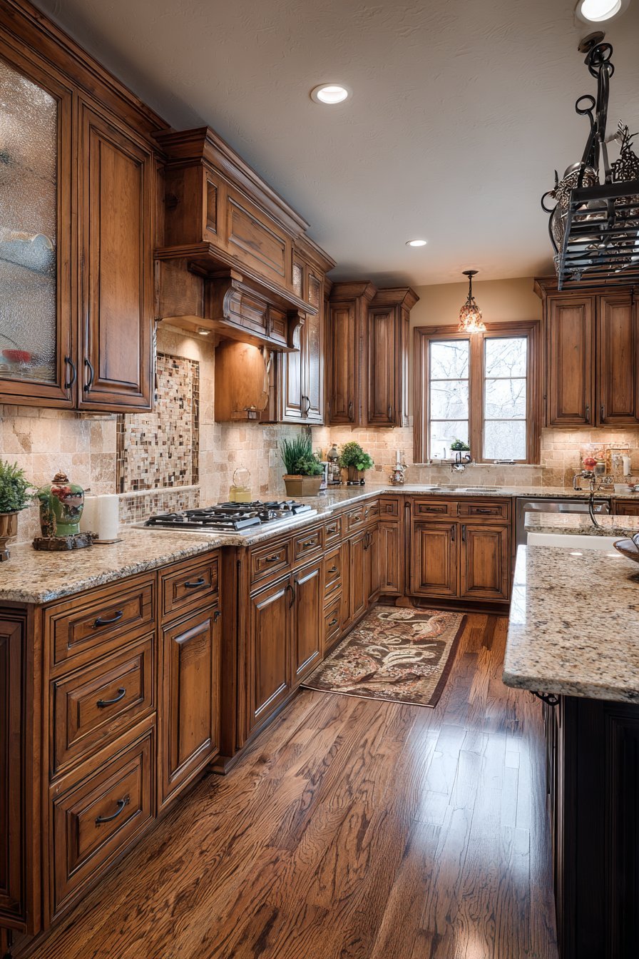 Cherry raised-panel kitchen cabinets with beige granite, tumbled travertine backsplash, crown molding and wrought iron pot rack
