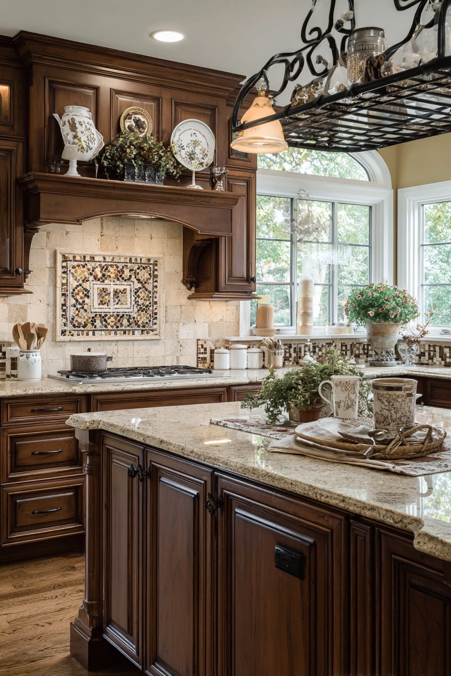 Cherry raised-panel kitchen cabinets with beige granite, tumbled travertine backsplash, crown molding and wrought iron pot rack