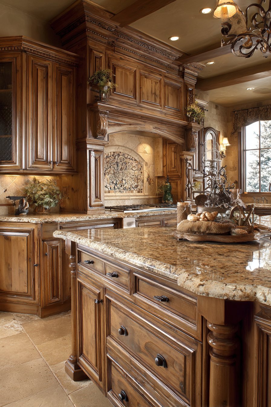 Cherry raised-panel kitchen cabinets with beige granite, tumbled travertine backsplash, crown molding and wrought iron pot rack