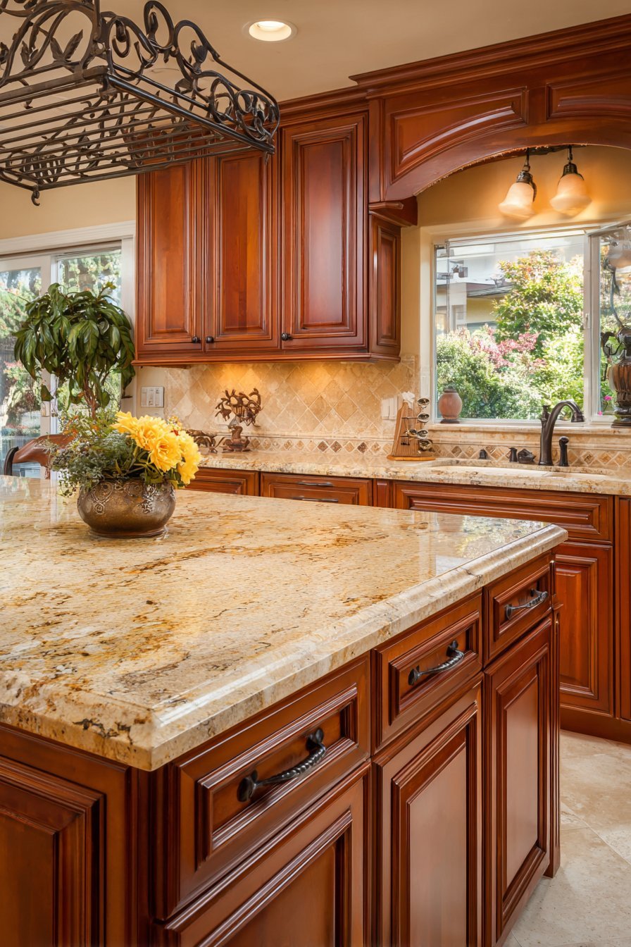 Cherry raised-panel kitchen cabinets with beige granite, tumbled travertine backsplash, crown molding and wrought iron pot rack