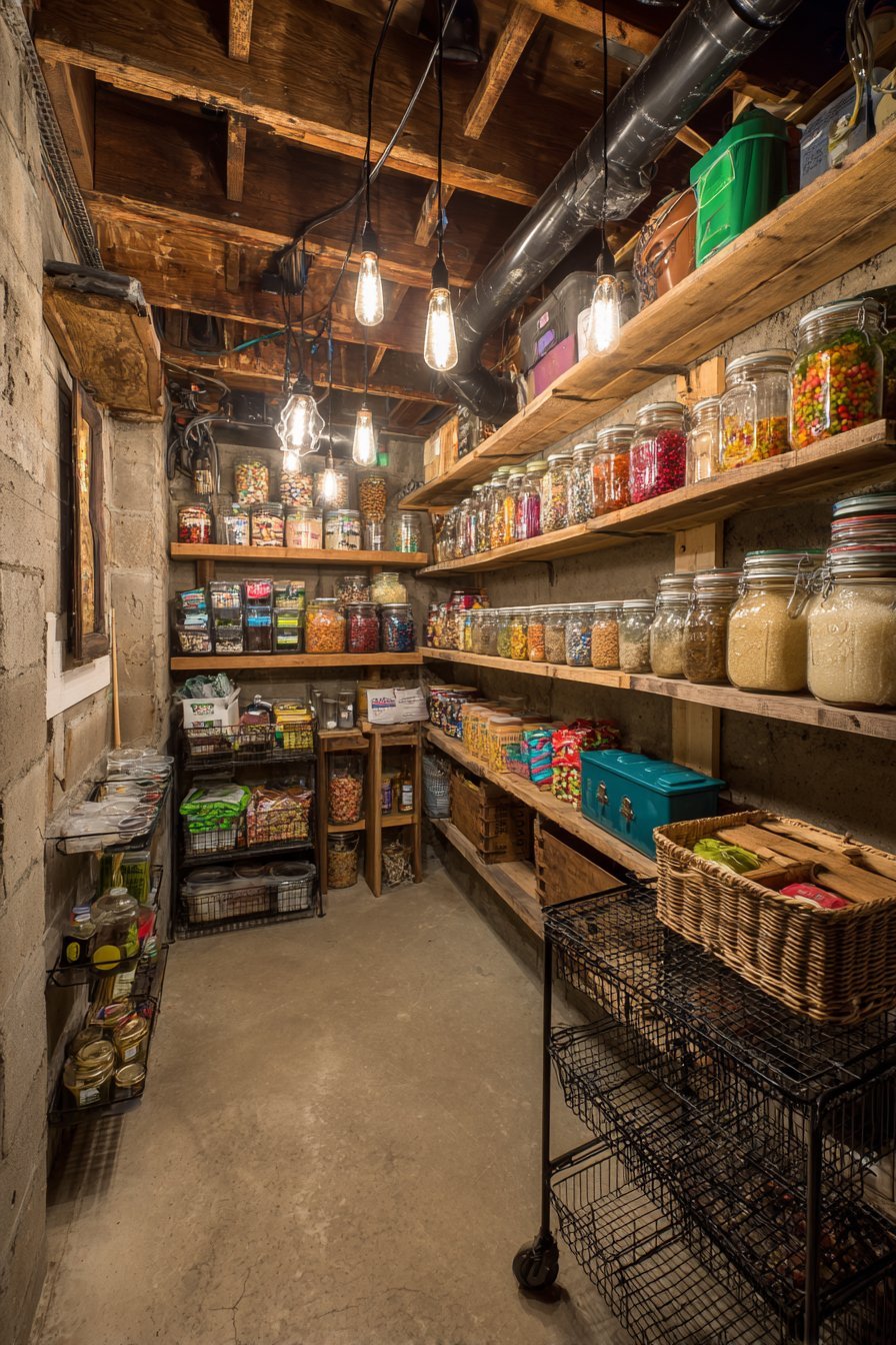 Reclaimed pallet wood shelves on concrete basement walls with mason jars, crates and a rolling wire basket cart