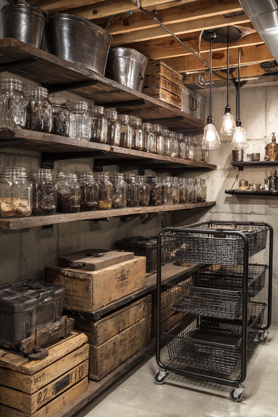 Reclaimed pallet wood shelves on concrete basement walls with mason jars, crates and a rolling wire basket cart