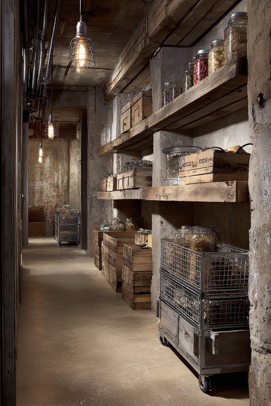 Reclaimed pallet wood shelves on concrete basement walls with mason jars, crates and a rolling wire basket cart