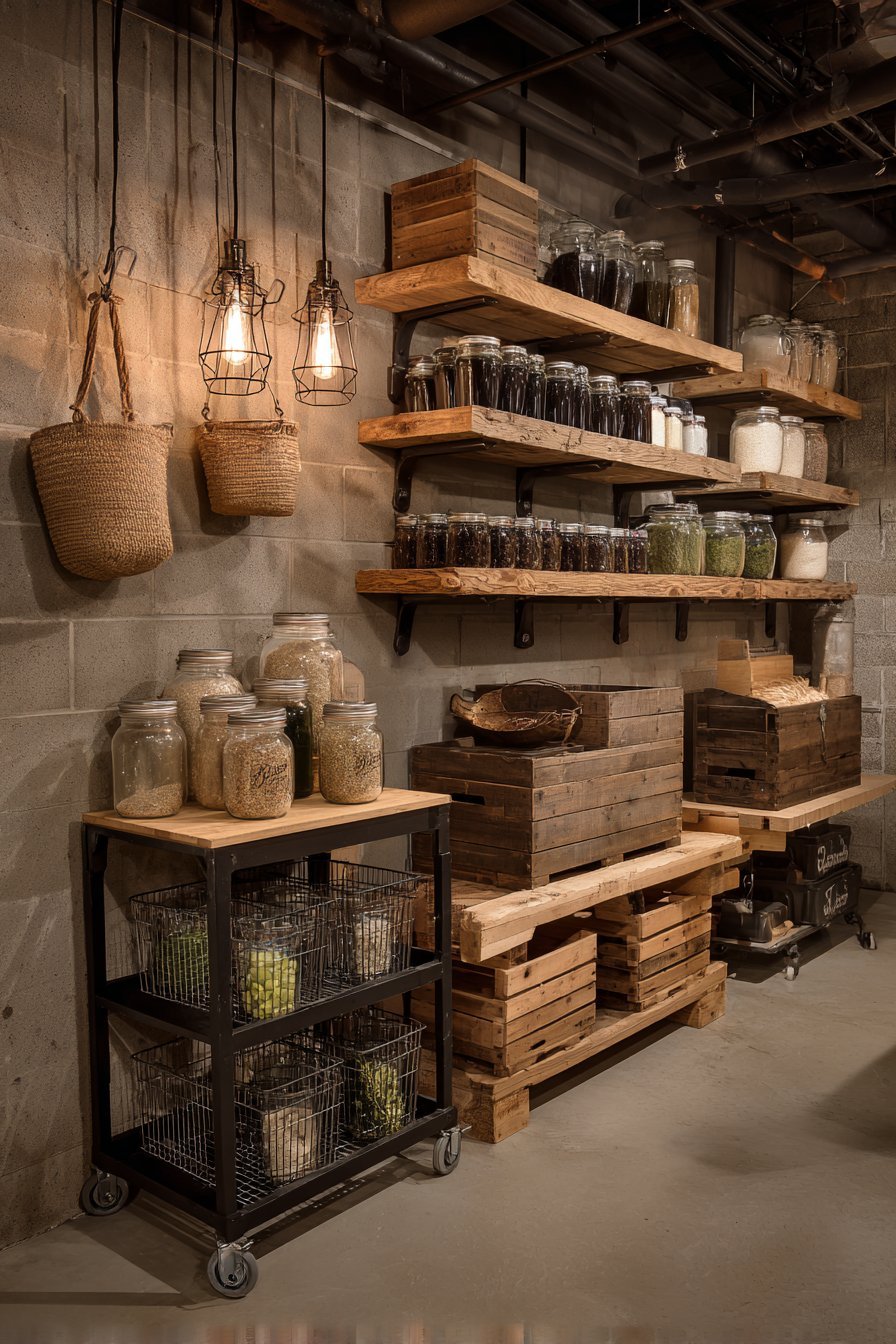 Reclaimed pallet wood shelves on concrete basement walls with mason jars, crates and a rolling wire basket cart