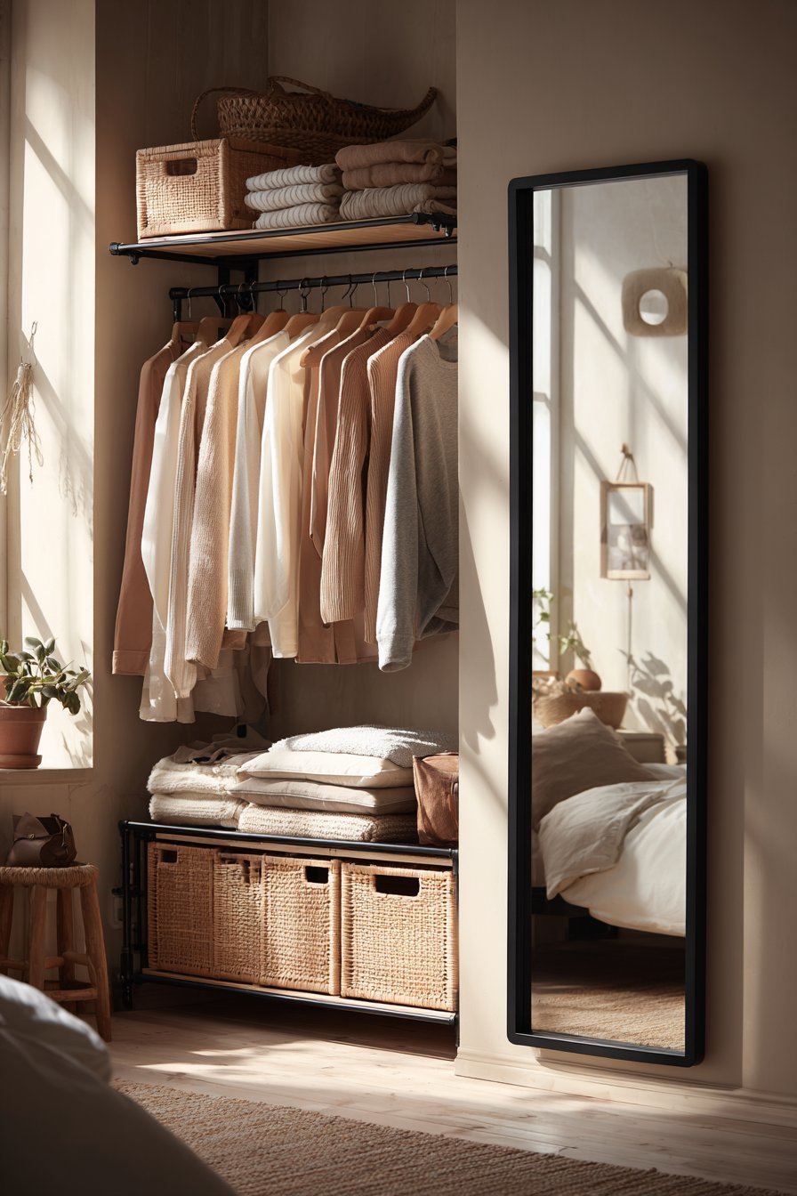 Corner open wardrobe with brass hanging rod, color-sorted clothing, rattan storage cubes and leaning black-framed mirror