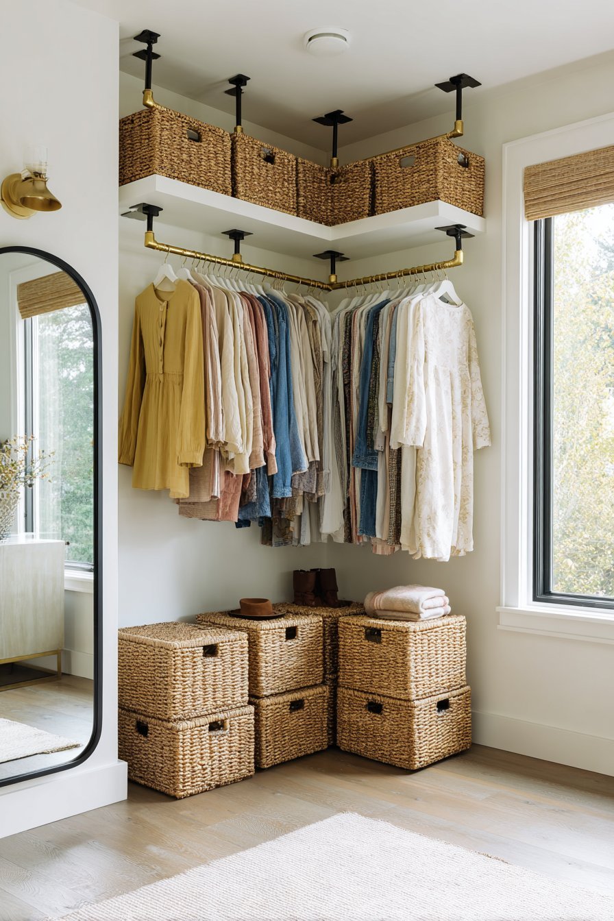Corner open wardrobe with brass hanging rod, color-sorted clothing, rattan storage cubes and leaning black-framed mirror