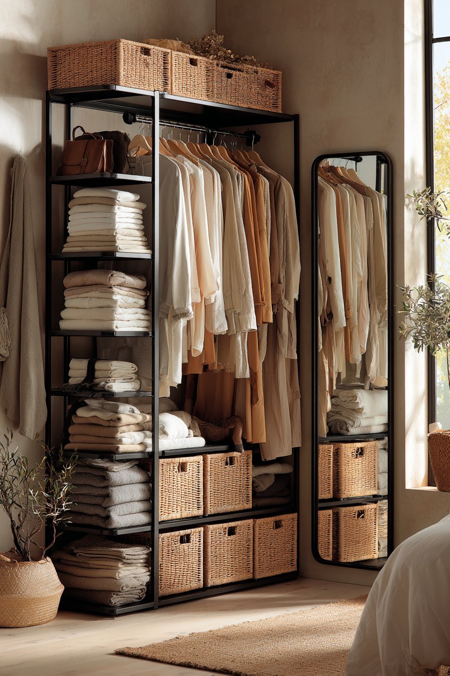 Corner open wardrobe with brass hanging rod, color-sorted clothing, rattan storage cubes and leaning black-framed mirror