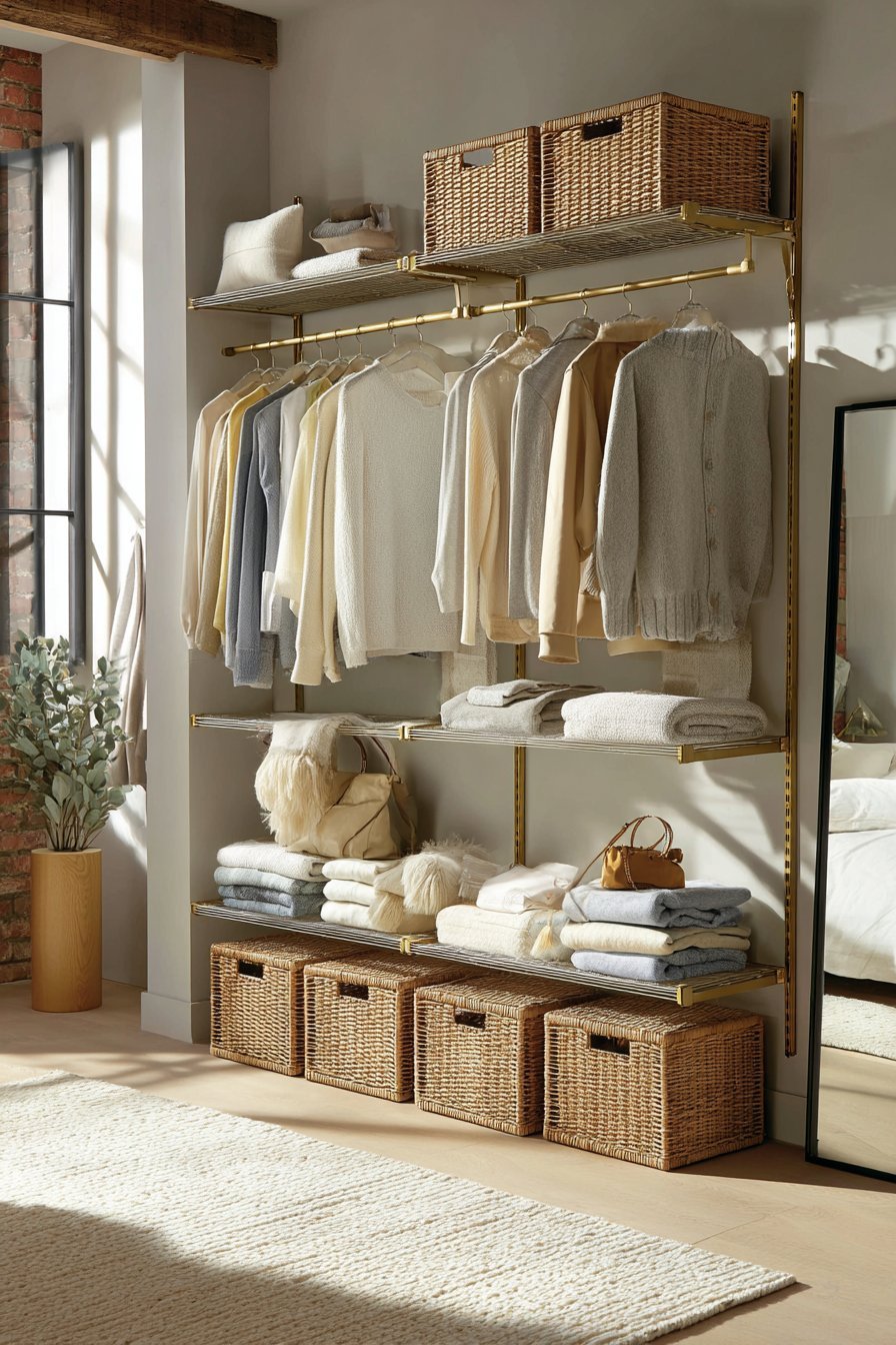 Corner open wardrobe with brass hanging rod, color-sorted clothing, rattan storage cubes and leaning black-framed mirror
