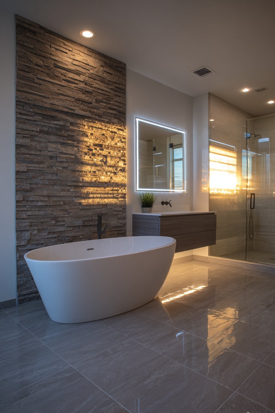 Stacked stone accent wall behind a freestanding tub with dark oak floating vanity and matte black fixtures