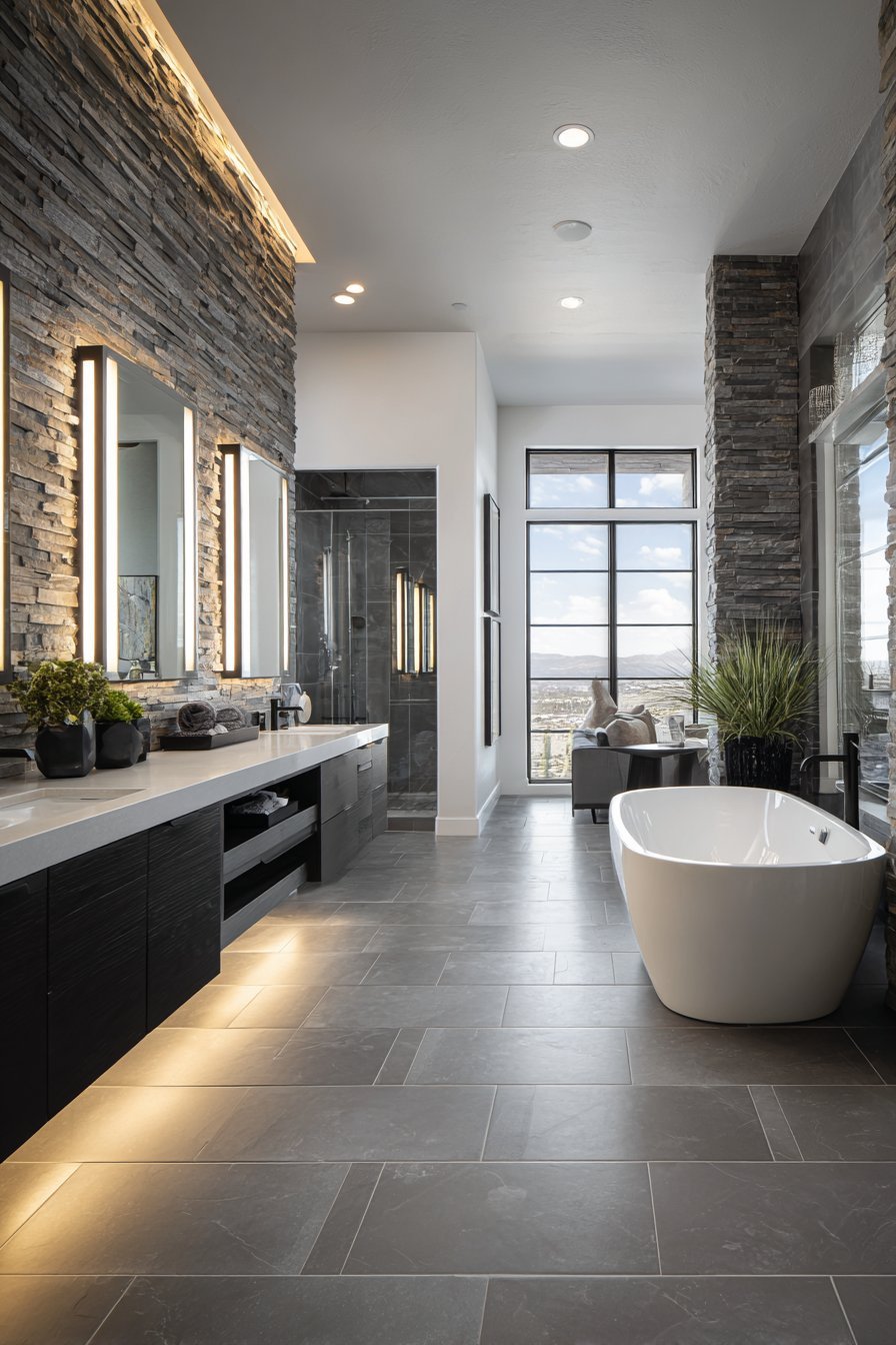 Stacked stone accent wall behind a freestanding tub with dark oak floating vanity and matte black fixtures