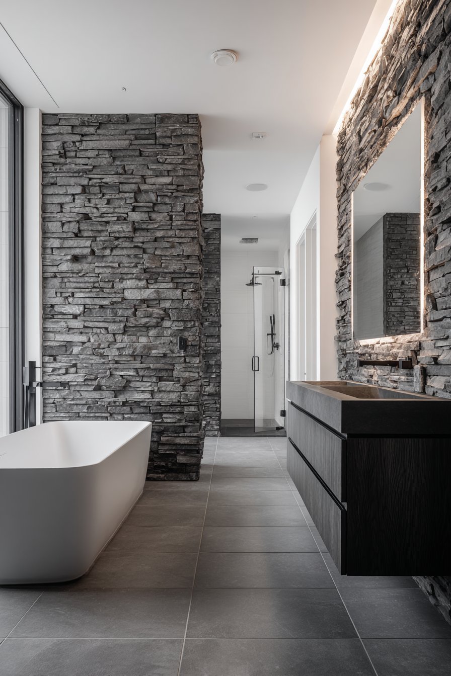 Stacked stone accent wall behind a freestanding tub with dark oak floating vanity and matte black fixtures