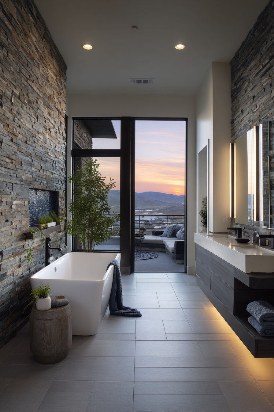 Stacked stone accent wall behind a freestanding tub with dark oak floating vanity and matte black fixtures