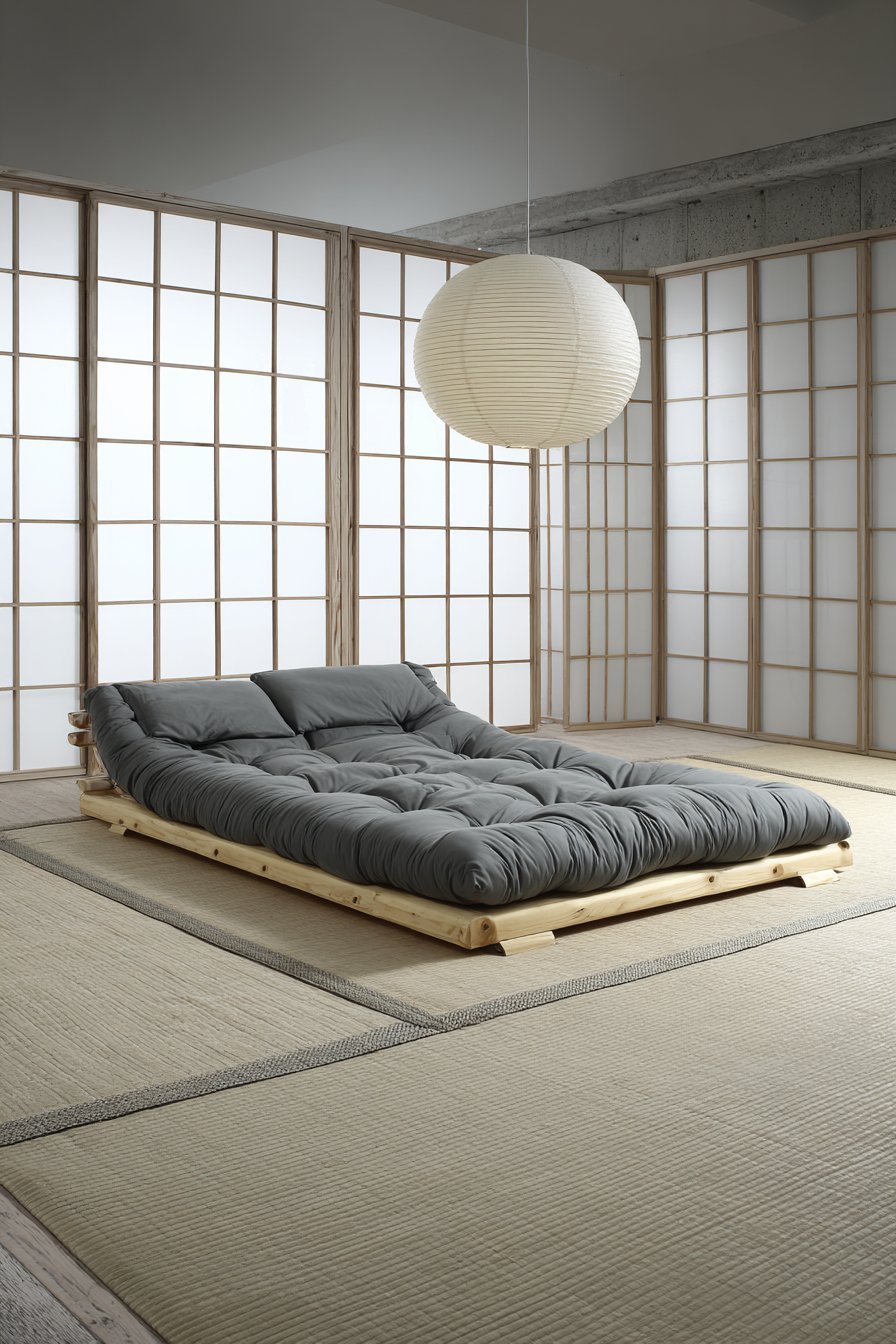 Japanese-inspired maple platform bed with grey futon, tatami-style mats, paper pendant light and frosted sliding screens