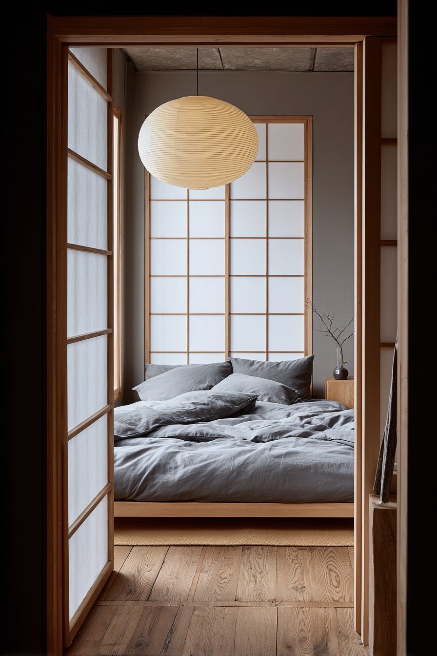 Japanese-inspired maple platform bed with grey futon, tatami-style mats, paper pendant light and frosted sliding screens