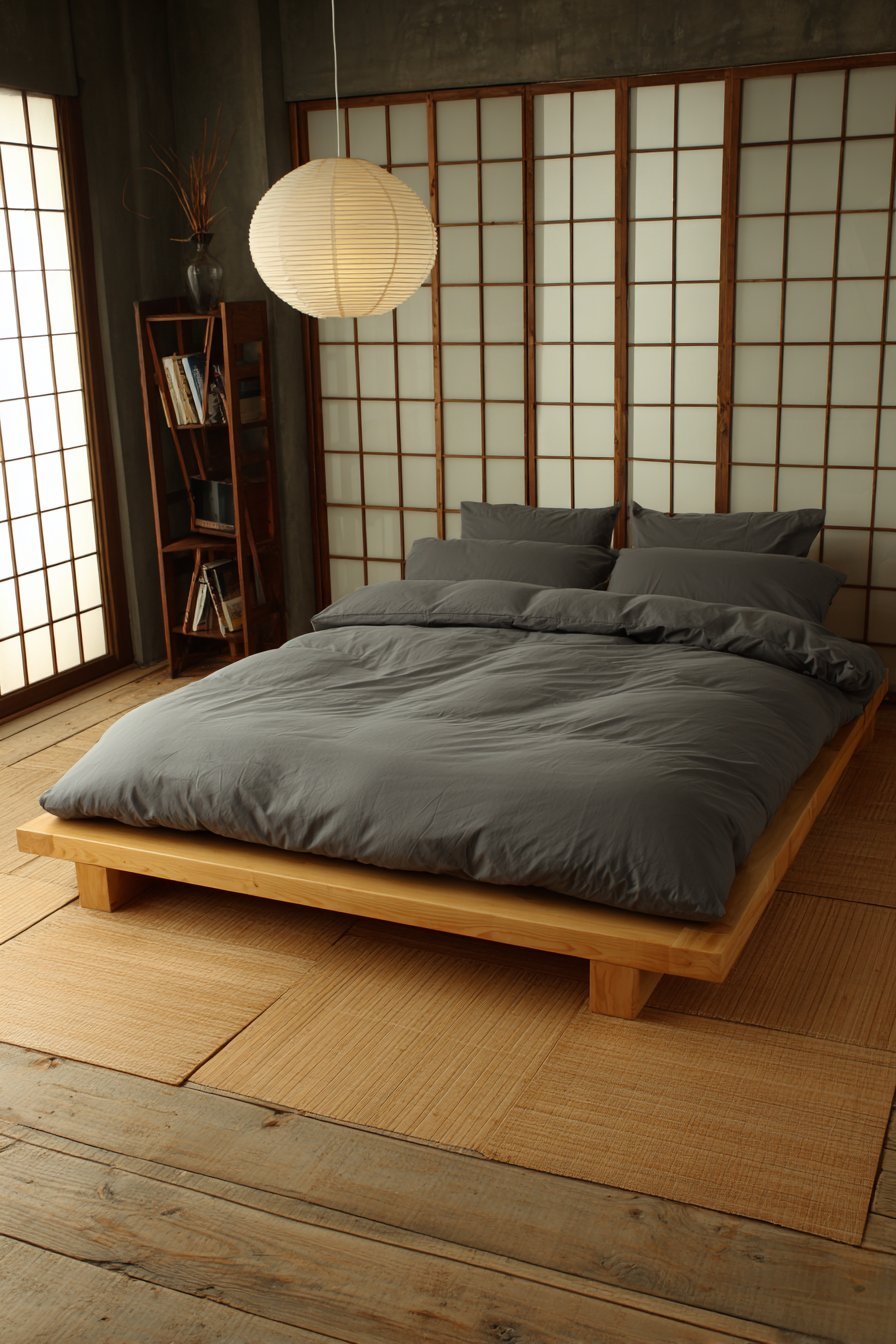 Japanese-inspired maple platform bed with grey futon, tatami-style mats, paper pendant light and frosted sliding screens