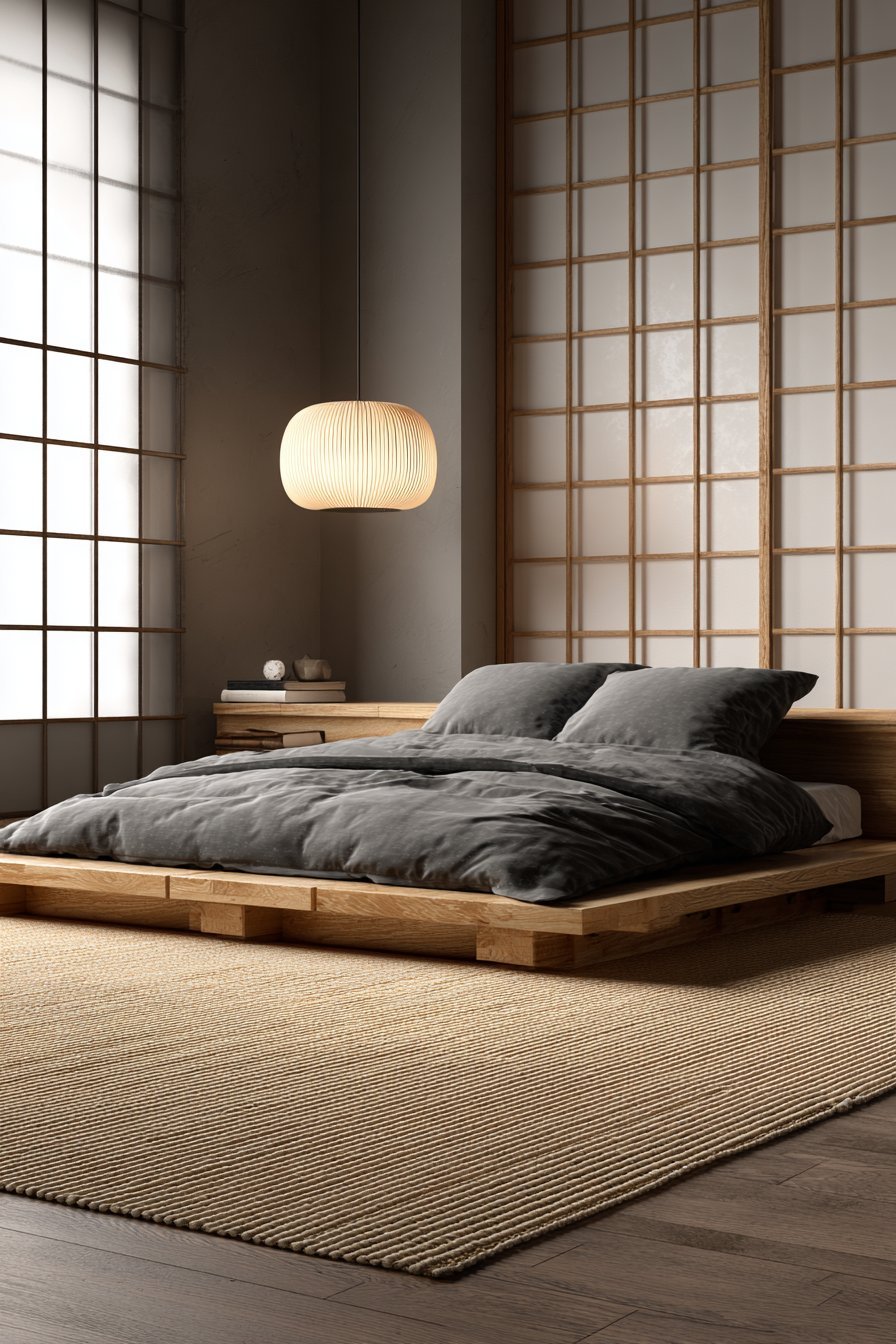 Japanese-inspired maple platform bed with grey futon, tatami-style mats, paper pendant light and frosted sliding screens