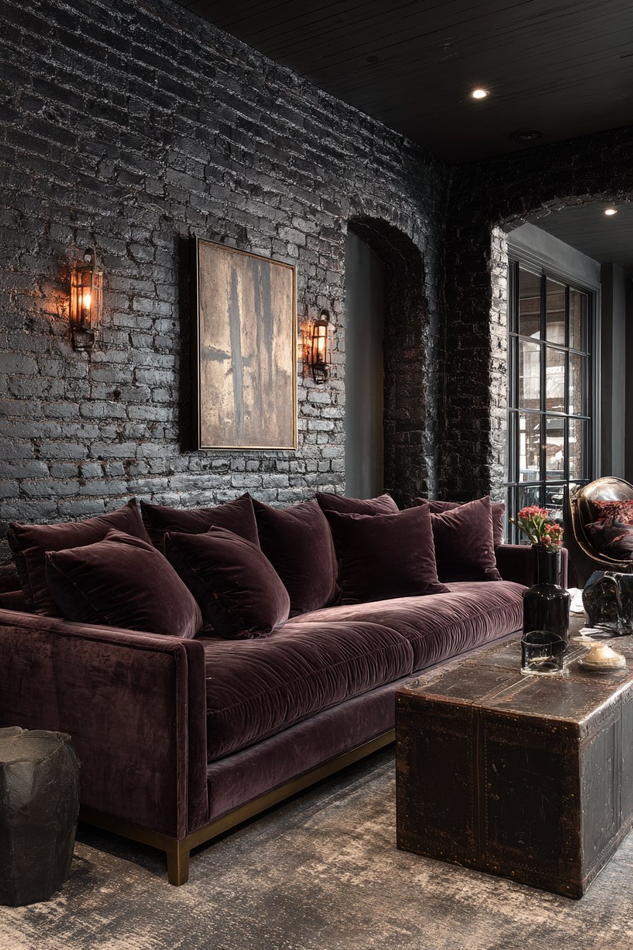 Textured black brick wall with plum velvet sofa, brass sconces with amber shades and leather ottoman
