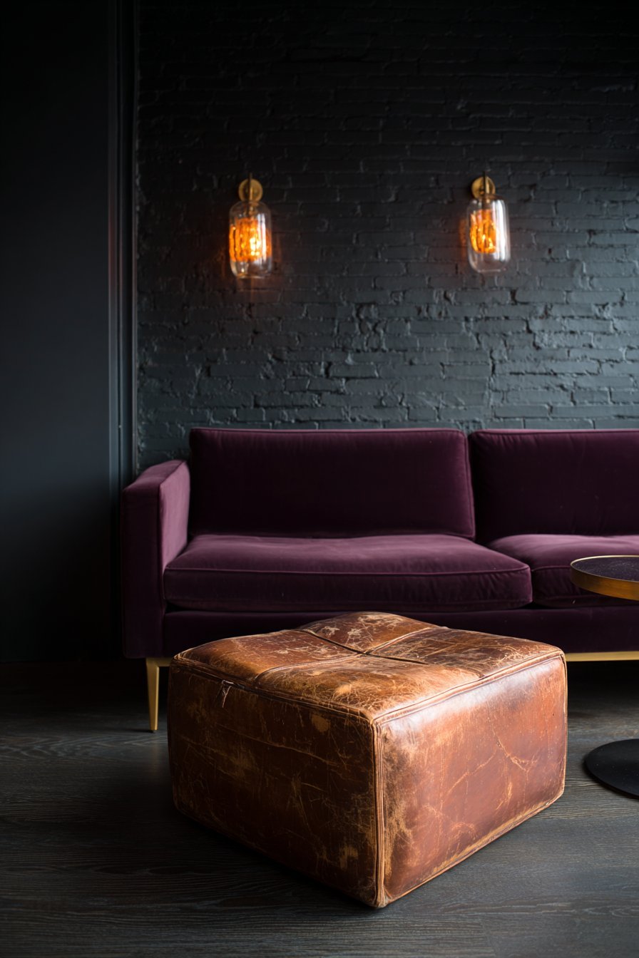 Textured black brick wall with plum velvet sofa, brass sconces with amber shades and leather ottoman