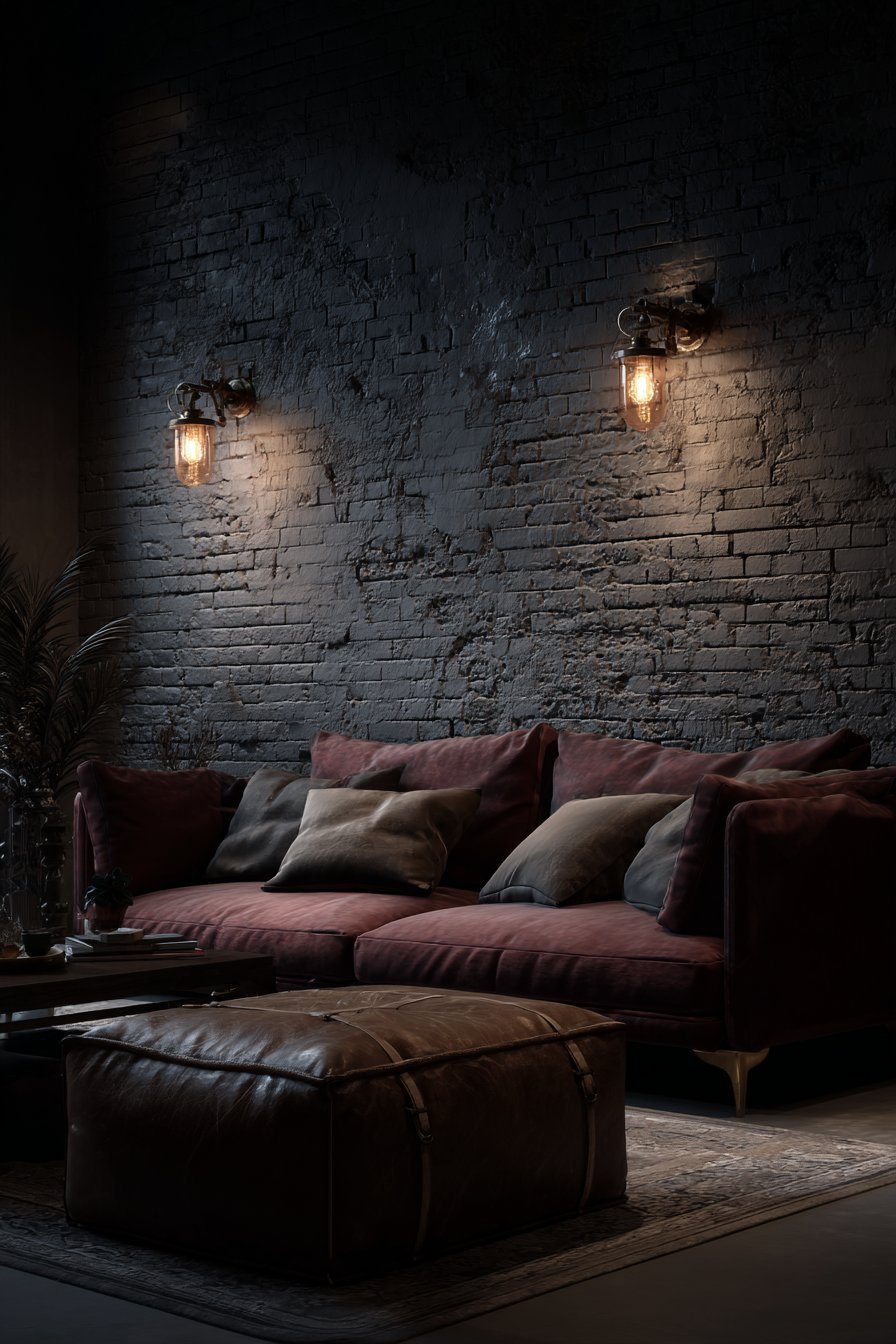 Textured black brick wall with plum velvet sofa, brass sconces with amber shades and leather ottoman