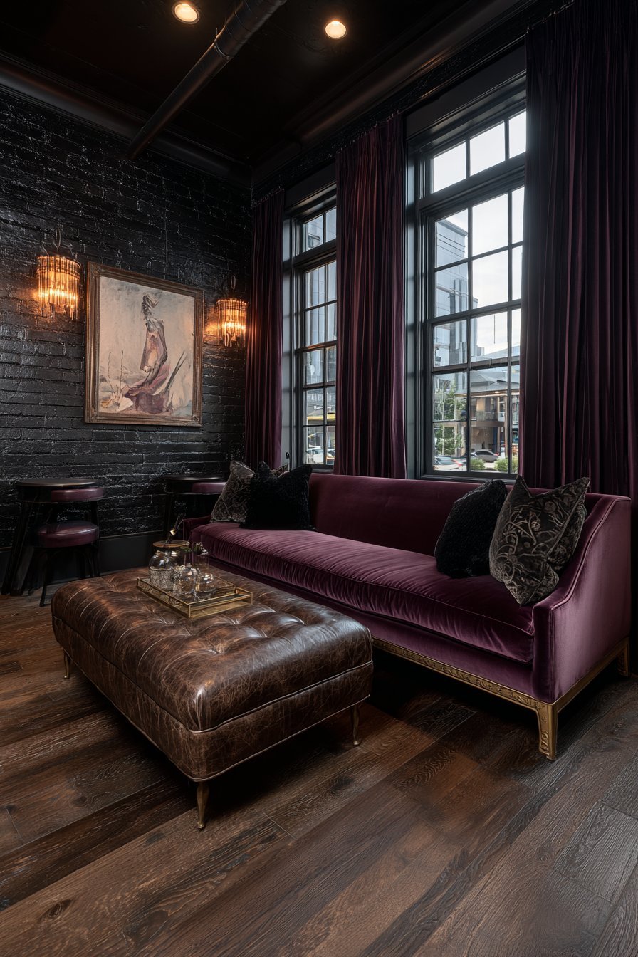 Textured black brick wall with plum velvet sofa, brass sconces with amber shades and leather ottoman
