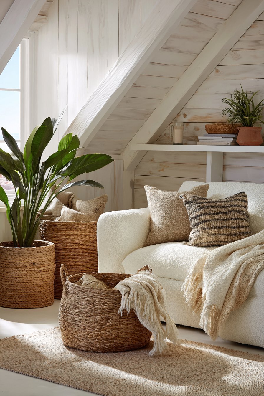 Scandinavian neutral living room with whitewashed pine walls, ivory bouclé sofa and terracotta plants