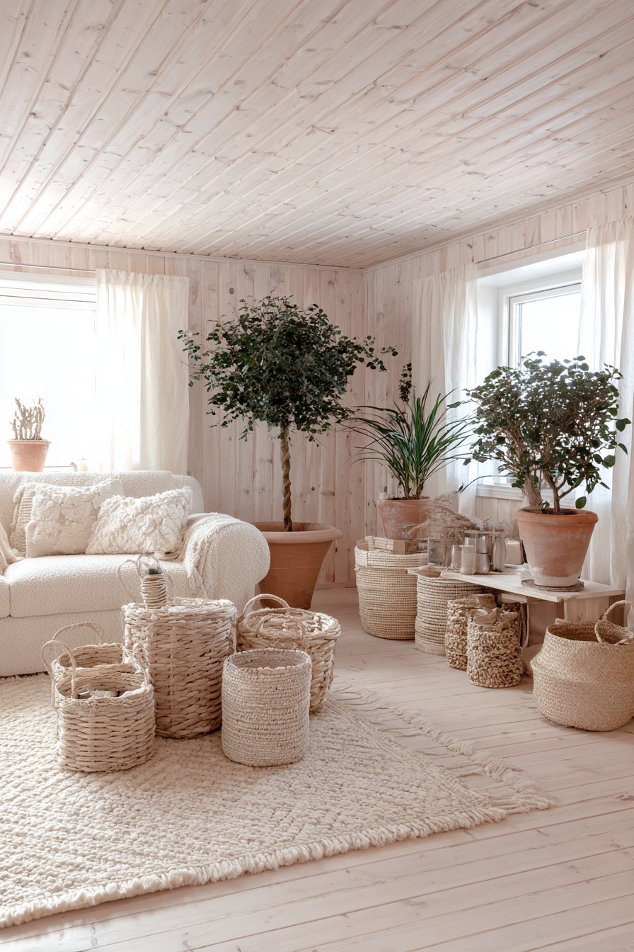 Scandinavian neutral living room with whitewashed pine walls, ivory bouclé sofa and terracotta plants