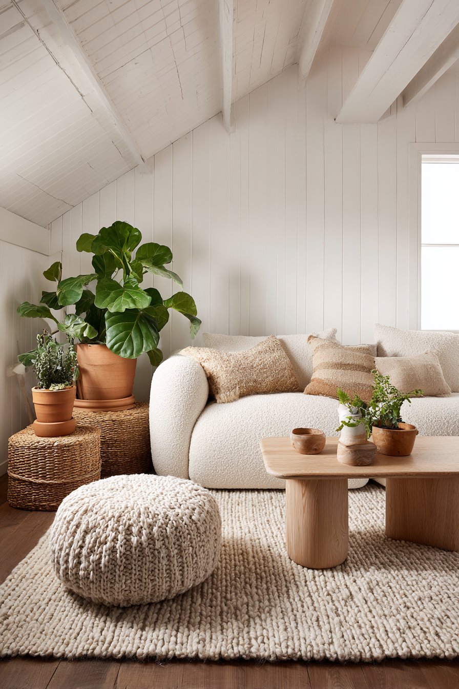 Scandinavian neutral living room with whitewashed pine walls, ivory bouclé sofa and terracotta plants