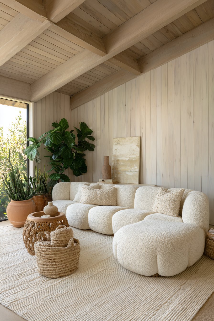 Scandinavian neutral living room with whitewashed pine walls, ivory bouclé sofa and terracotta plants