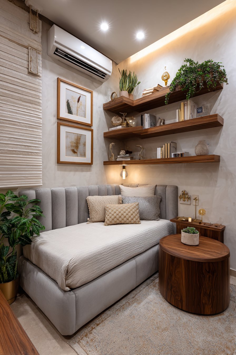 Small bedroom with L-shaped floating shelves, grey velvet wall-to-wall headboard and round walnut side table