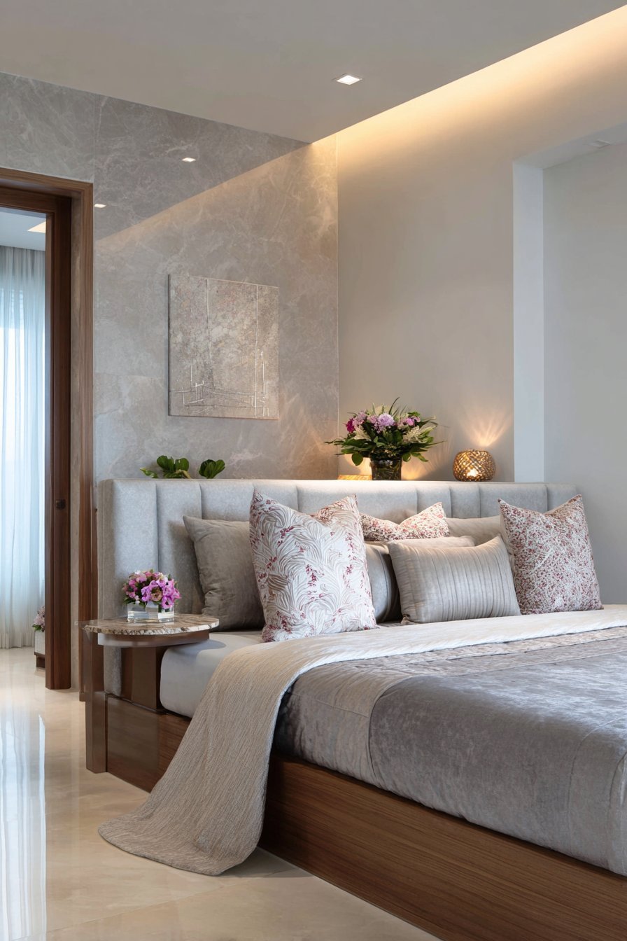 Small bedroom with L-shaped floating shelves, grey velvet wall-to-wall headboard and round walnut side table