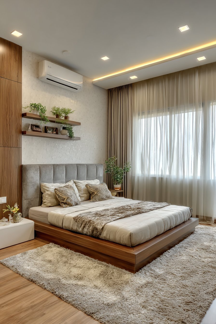 Small bedroom with L-shaped floating shelves, grey velvet wall-to-wall headboard and round walnut side table
