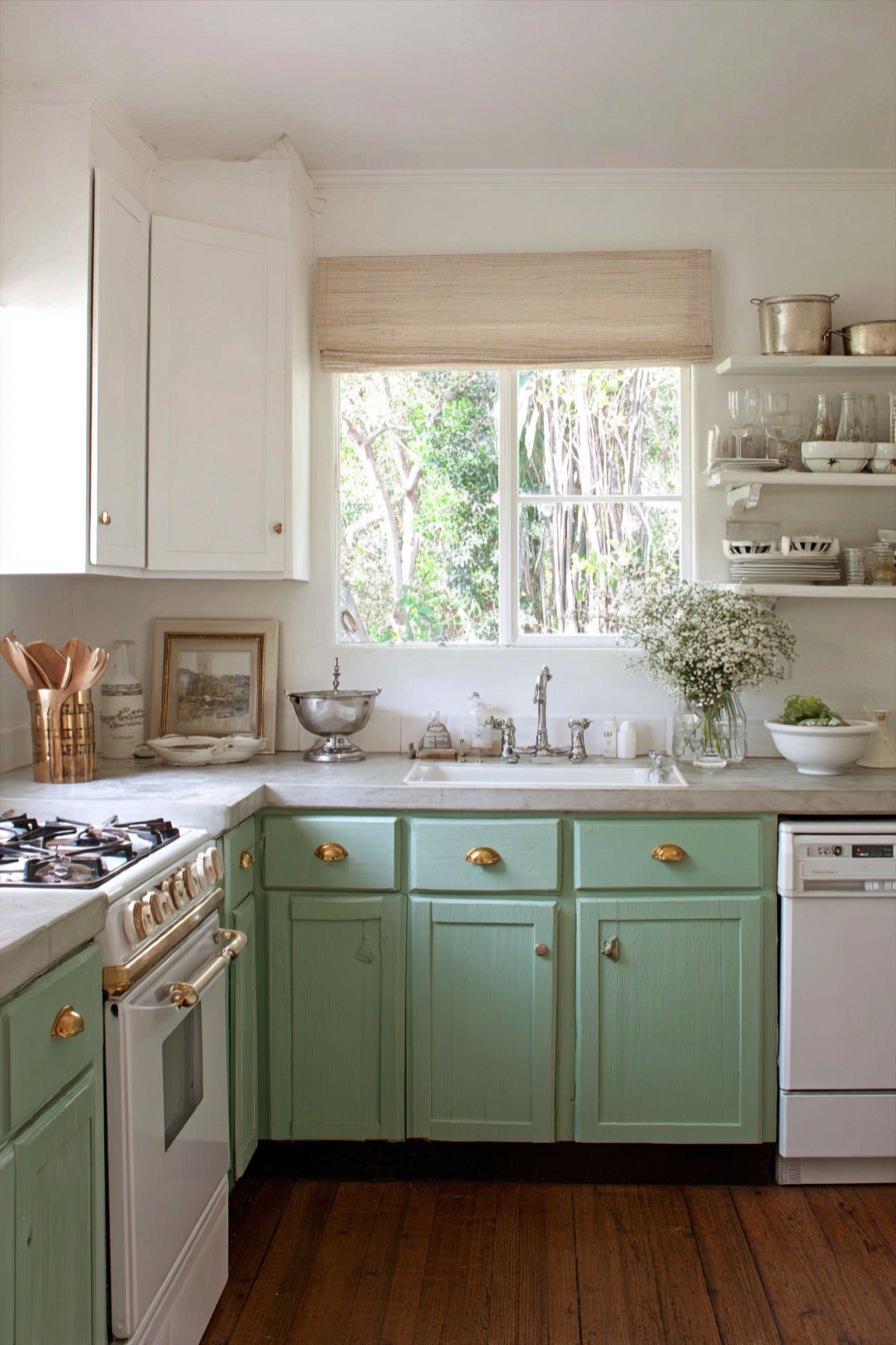 L-shaped kitchen with sage green lower cabinets, white uppers, brass cup pulls and open shelving