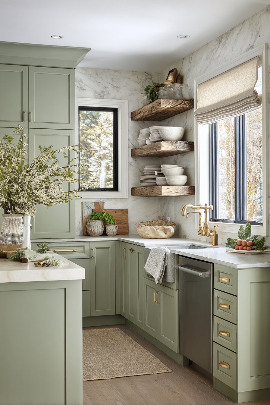 L-shaped kitchen with sage green lower cabinets, white uppers, brass cup pulls and open shelving
