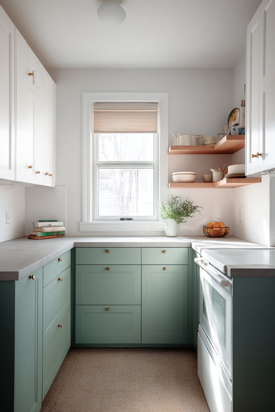 L-shaped kitchen with sage green lower cabinets, white uppers, brass cup pulls and open shelving