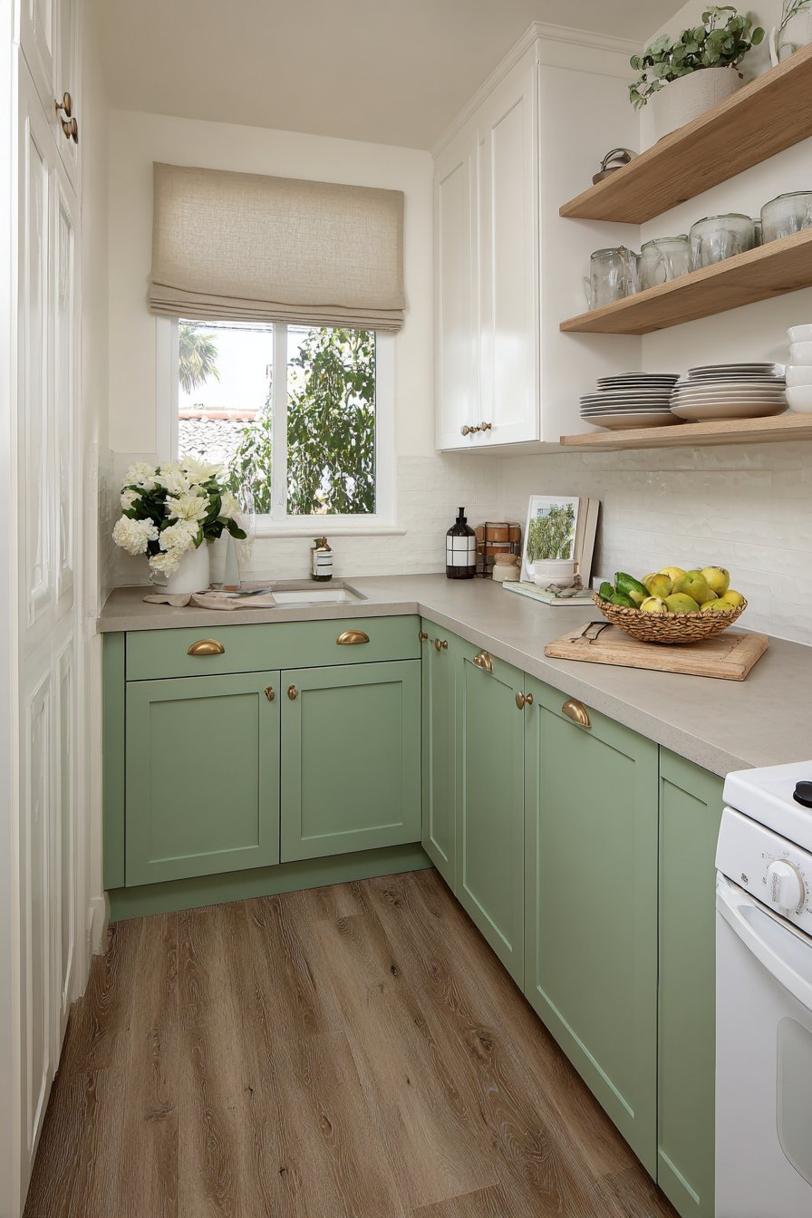 L-shaped kitchen with sage green lower cabinets, white uppers, brass cup pulls and open shelving