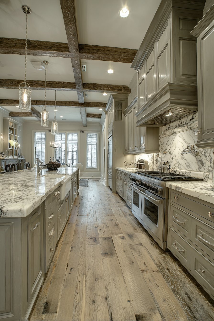 Floor-to-ceiling grey-blue inset cabinets with marble backsplash, matching wood range hood and plate rack shelving