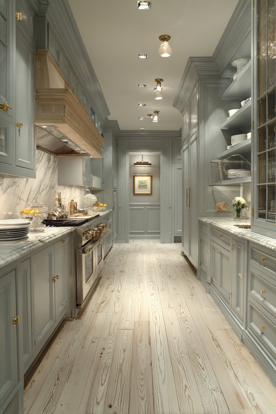 Floor-to-ceiling grey-blue inset cabinets with marble backsplash, matching wood range hood and plate rack shelving