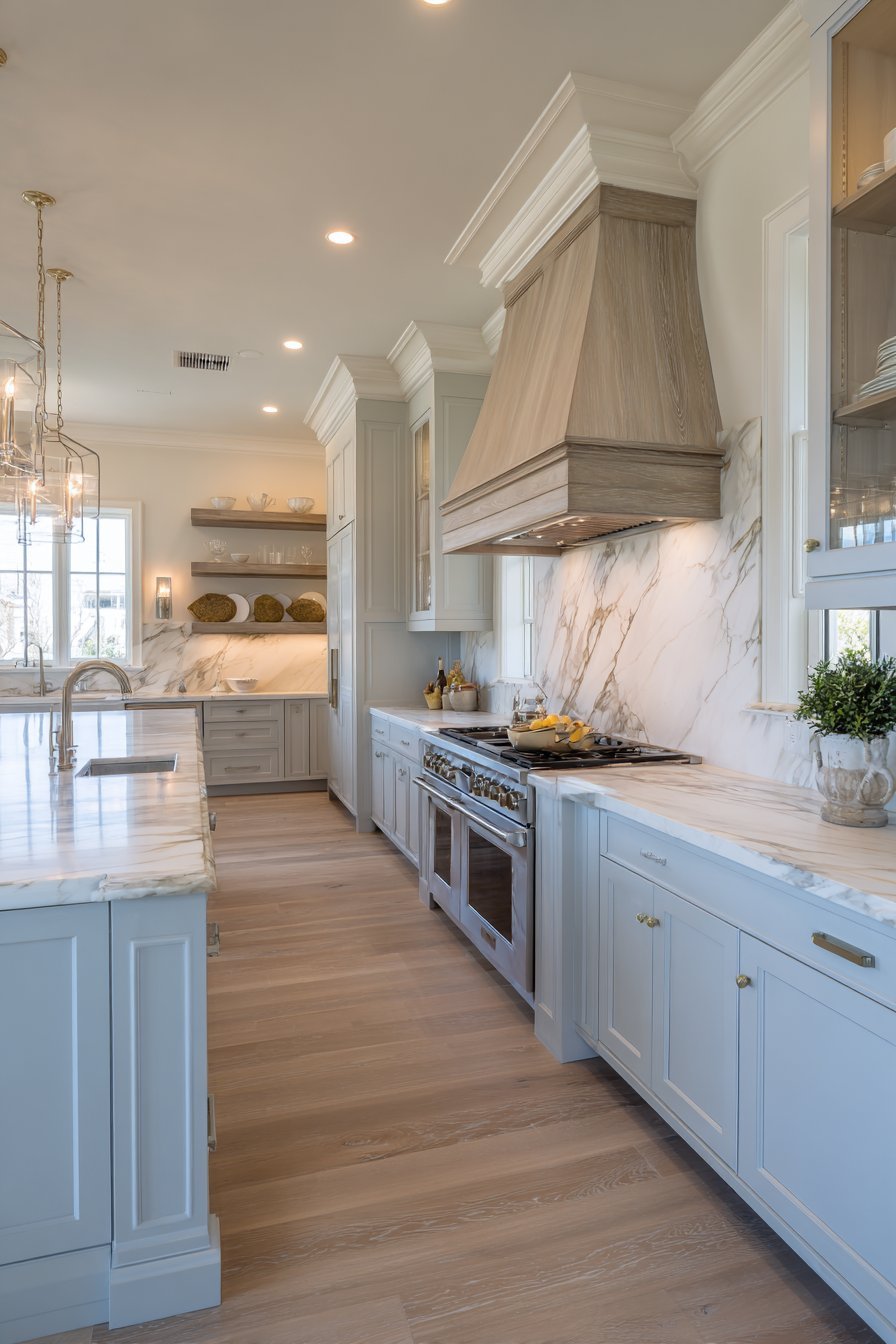 Floor-to-ceiling grey-blue inset cabinets with marble backsplash, matching wood range hood and plate rack shelving