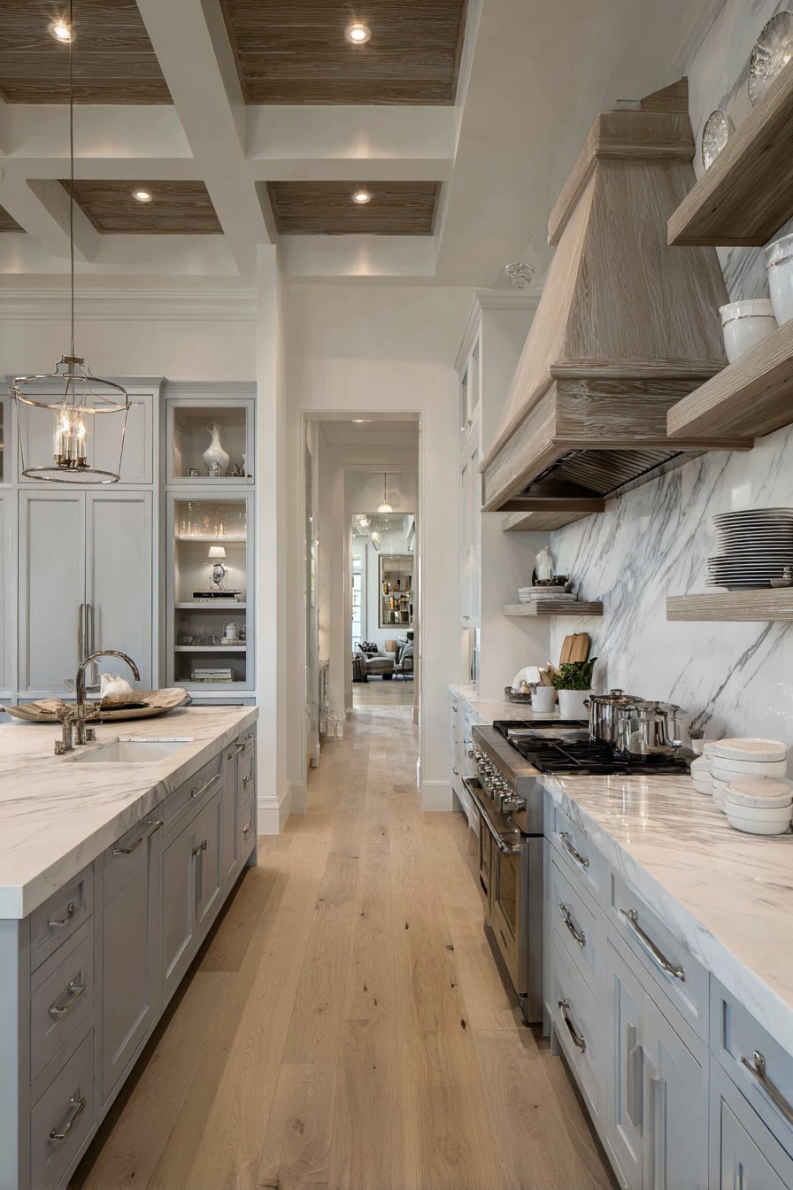 Floor-to-ceiling grey-blue inset cabinets with marble backsplash, matching wood range hood and plate rack shelving