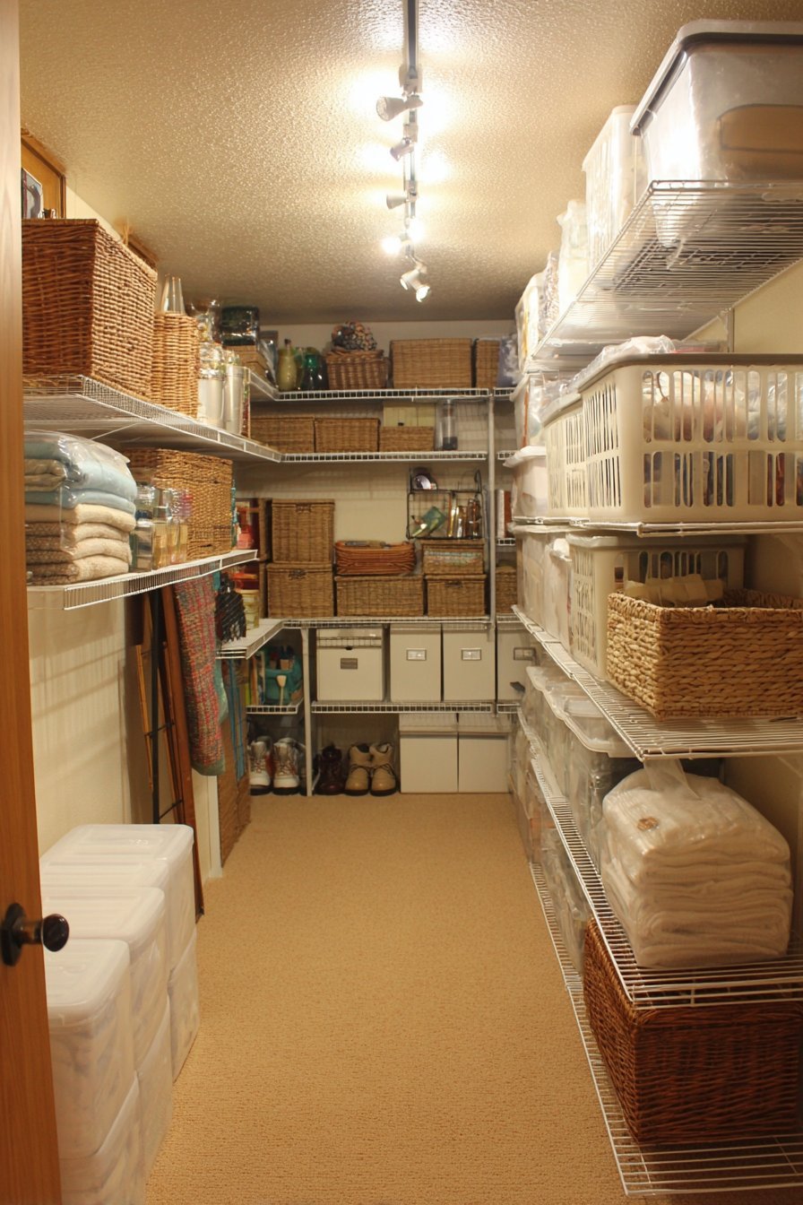Basement closet system with white melamine shelves, chrome rods, shoe organizers and vacuum-sealed clothing bags