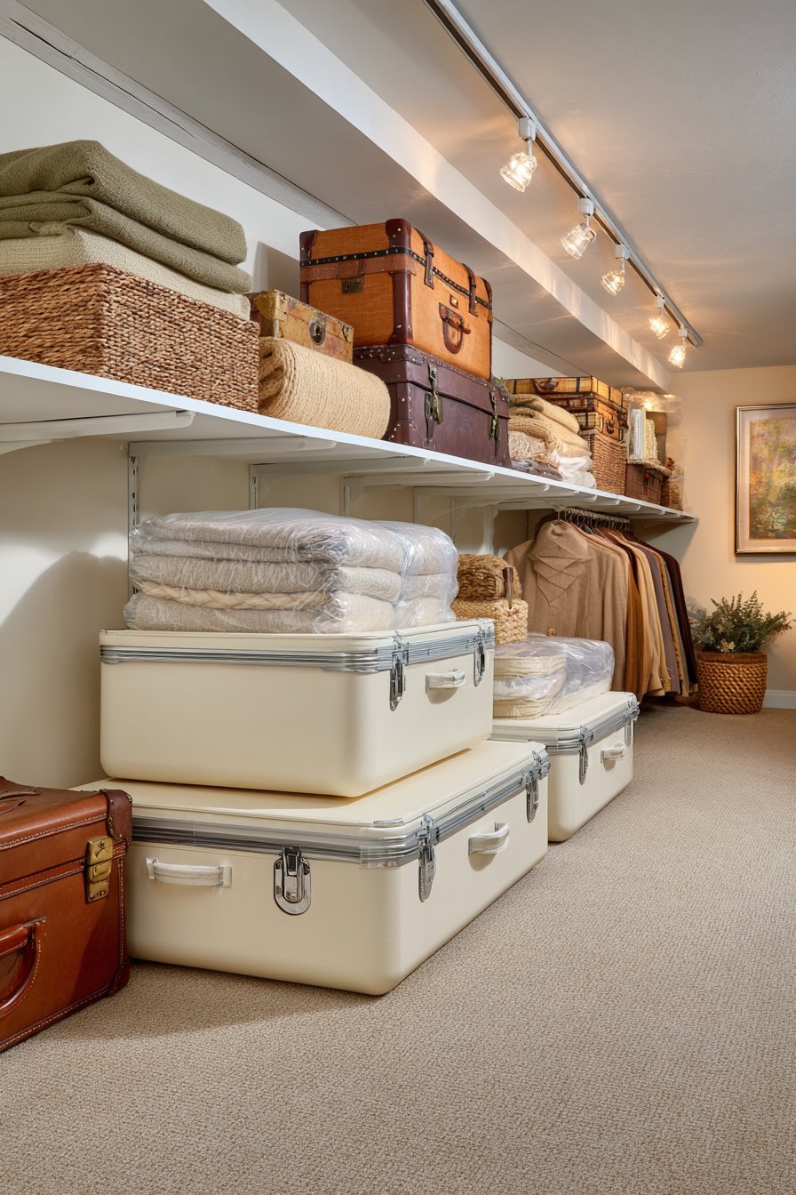Basement closet system with white melamine shelves, chrome rods, shoe organizers and vacuum-sealed clothing bags