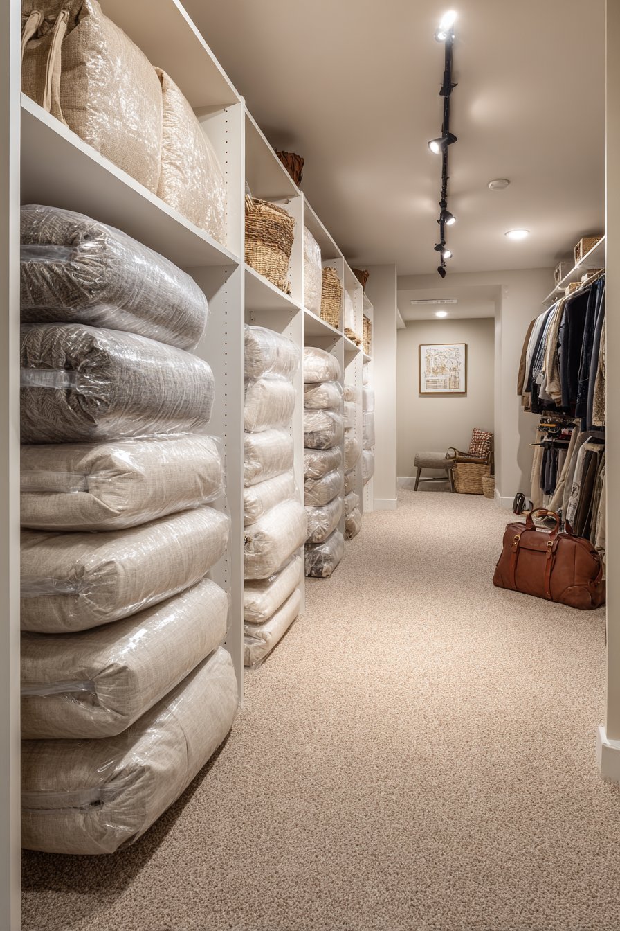 Basement closet system with white melamine shelves, chrome rods, shoe organizers and vacuum-sealed clothing bags