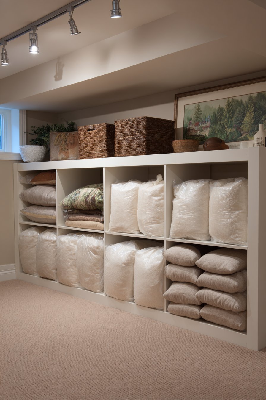 Basement closet system with white melamine shelves, chrome rods, shoe organizers and vacuum-sealed clothing bags