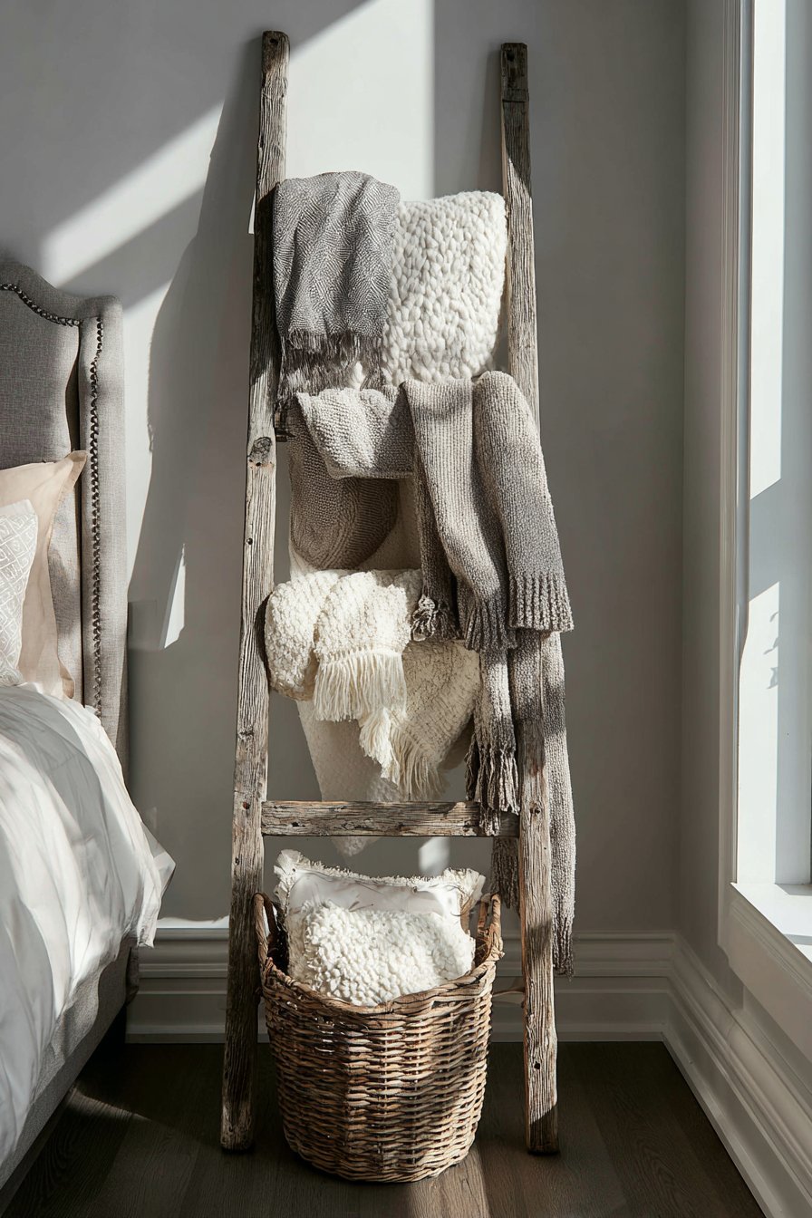 Weathered oak ladder leaning by a bed holding folded quilts, chunky knit blankets and scarves with a woven basket