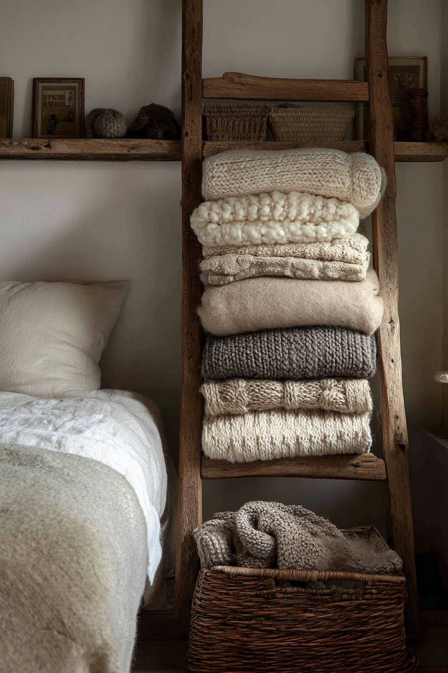 Weathered oak ladder leaning by a bed holding folded quilts, chunky knit blankets and scarves with a woven basket