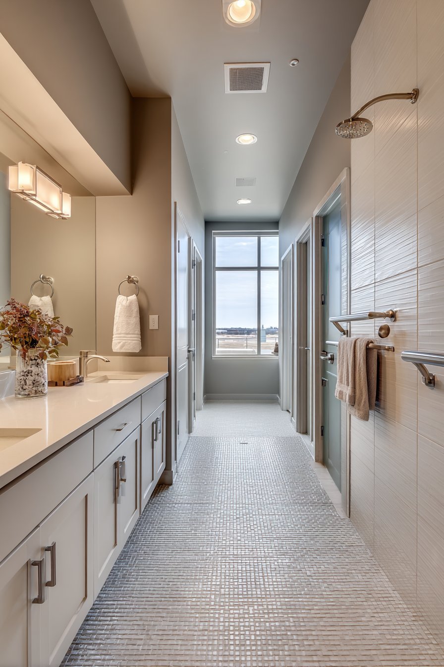 Curbless walk-in shower with grab bars and wheelchair-accessible vanity in an accessible master bathroom