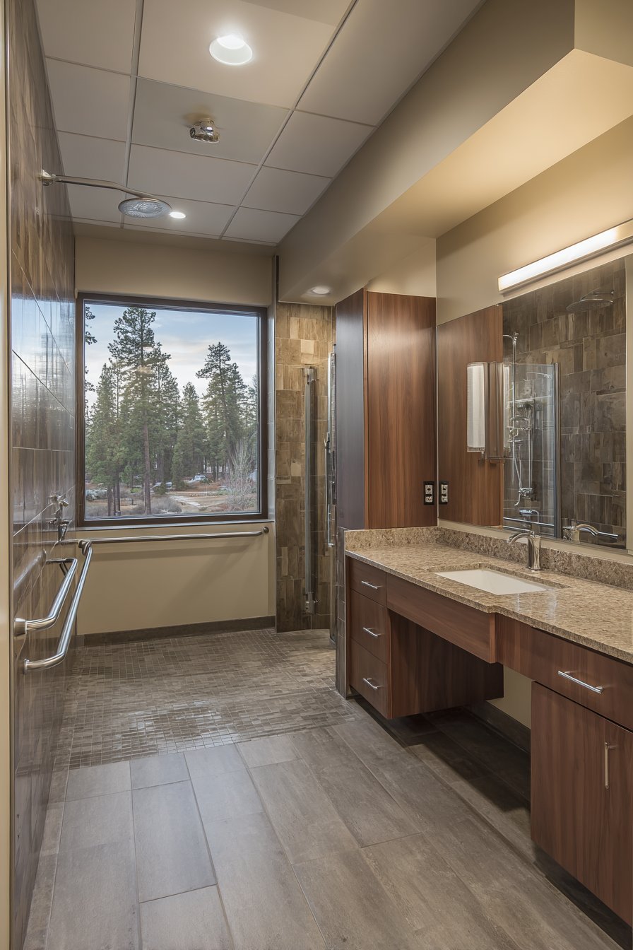 Curbless walk-in shower with grab bars and wheelchair-accessible vanity in an accessible master bathroom