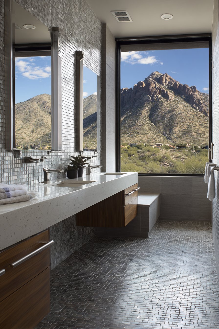 Curbless walk-in shower with grab bars and wheelchair-accessible vanity in an accessible master bathroom