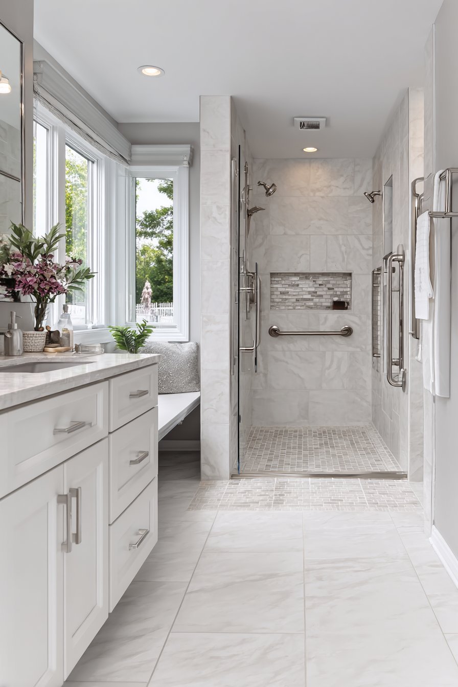 Curbless walk-in shower with grab bars and wheelchair-accessible vanity in an accessible master bathroom