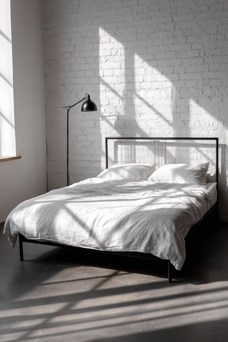 Matte black metal bed with white linen sheets, wall-mounted reading lamp and polished concrete floor beside white brick